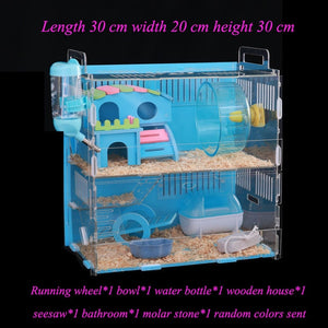 Blue Double Hamster Cage Large Size Dutch Pig Cage Acrylic Pet Nest Small Pet with 30x20x30cm